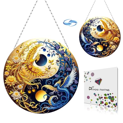 CXINLky DIY Diamond Art Painting Anhänger mit Kette, Diamand Art Yin Yang Fensterbilder Wandbehang Kits für Fenster Wand Eingang Garten Decor Doppelseitiges Muster-04-Drache und Phönix von CXINLky