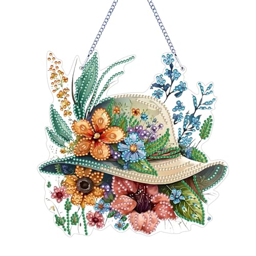 CXINLky DIY Diamond Painting Anhänger mit Kette, Diamant Painting Bilder, Kreatives 5D Diamond Malerei Wandbehang Kits für Fenster Wand Eingang Garten Decor-03-Blumenhut von CXINLky