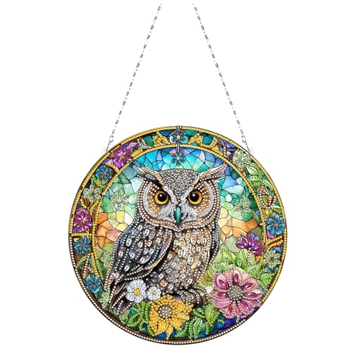 CXINLky DIY Diamond Painting Anhänger mit Kette, Diamant Painting Fensterbilder, Kreatives 5D Diamond Malerei Wandbehang Kits für Fenster Wand Eingang Garten Decor-20-Eule von CXINLky