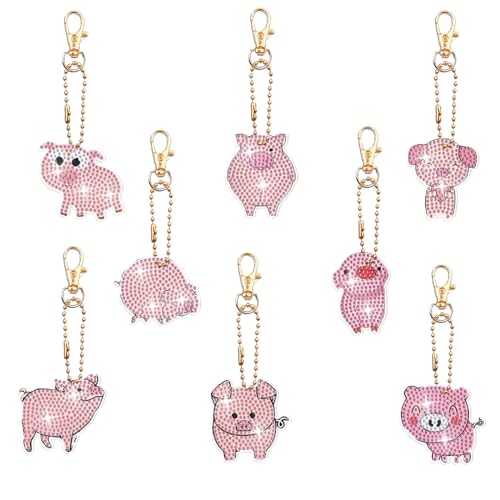 CXINLky DIY Diamond Painting Tier Schlüsselanhänger, 8 Stuck 5D Acryl Diamond Painting Geschenk Bastelset, Diamant Painting Bilder Aufkleber Anhänger Schlüsselbund-03-Rosa Schwein von CXINLky