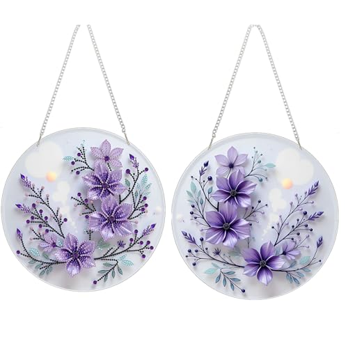 CXINLky Diamond Art Painting Anhänger mit Kette, 5D Diamand Art Lila Blume Fensterbilder, DIY Malerei Wandbehang Kits für Fenster Wand Eingang Garten Decor (02-Lila Blumen) von CXINLky