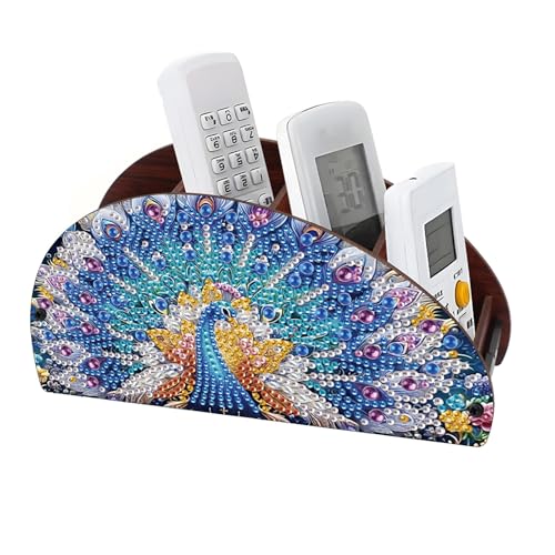CXINLky Diamond Art Painting Fernbedienung Halterung, Diamond Art Desktop Aufbewahrungsbox aus Holz, Kosmetik Aufbewahrungsbox Organizer mit 4 Fächern-01-Pfau von CXINLky