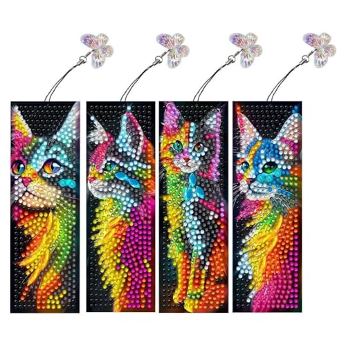 CXINLky Diamond Art Painting Lesezeichen, DIY Diamant Malerei Lesezeichen mit Schmetterling Anhänger, 5D Diamond Art Bookmark Set Einseitiger Diamant-14-Bunte Katze von CXINLky