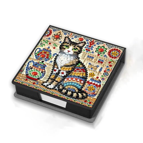 CXINLky Diamond Art Painting Zettelbox aus Leder, Diamond Art Zettelkasten mit 160 Blatt weiss, Notizzettel Box, Zettelkasten für Zuhause, Büro-13-Bunte Katze von CXINLky