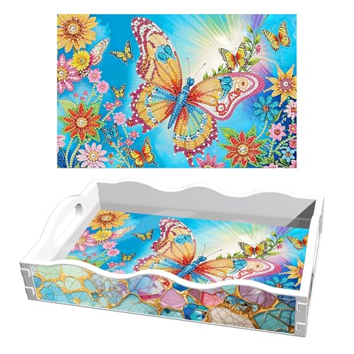 DIY Diamant Malerei Tablett, Frühstückstablett Serviertablett mit Griffen, Diamant Malerei Crystal Art tablett Rechteckig Küchentablett aus ABS, Diamond Art Painting Tray-04-Schmetterling von CXINLky