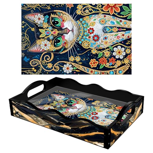DIY Diamond Art Painting Tablett, Diamont Painting Tablett Serviertablett mit Griffen aus ABS, Diamant Malerei Crystal Art Tablett Küchentablett Diamond Art Tray Geschenk-09-Katze von CXINLky