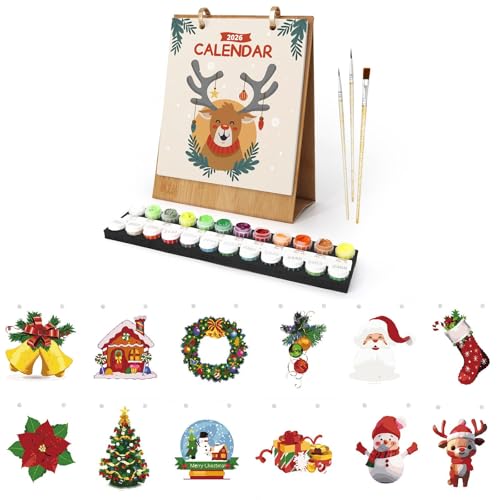 Tischkalender 2026, Malen Nach Zahlen Blume Kalender, DIY Kalender 2026 zum Aufstellen, mit Pinsels Acrylfarbe und Base für Geschenke und Home Haus Deko-09 von CXINLky