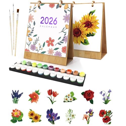 Tischkalender 2026, Malen Nach Zahlen Blume Kalender Tischkalender, DIY Tischkalender 2026 zum Aufstellen, mit Pinsels Acrylfarbe und Base für Geschenke und Home Haus Deko-01-Blume Tischkalender 2026, Malen Nach Zahlen Blume Kalender Tischkalender, DIY Tischkalender 2026 zum Aufstellen, mit Pinsels Acrylfarbe und Base für Geschenke und Home Haus Deko-01-Blume von CXINLky