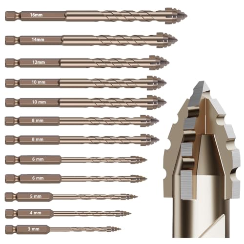 12-teiliges Steinbohrer-Set mit Wellenschliff (3–16 mm) – Titanbeschichteter Hochgeschwindigkeitsstahl, exzentrisches Nut-Design zum Trockenbohren von Beton, Fliesen, Glas, Ziegel und Metall von CXML&DASHE
