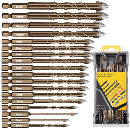 18-teiliges Steinbohrer-Set aus Hartmetall, Kreuzspitze, Hartmetall-Bits für Fliesen, Ziegel, Glas, Keramik/Zement, Sechskantschaft, 3-12 mm, Doppelwellen-Design 18-teiliges Steinbohrer-Set aus Hartmetall, Kreuzspitze, Hartmetall-Bits für Fliesen, Ziegel, Glas, Keramik/Zement, Sechskantschaft, 3-12 mm, Doppelwellen-Design von CXML&DASHE