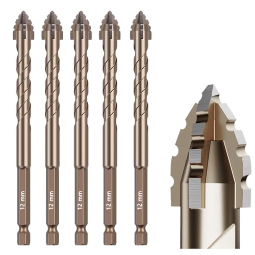 5-teiliges Steinbohrer-Set mit Wellenschliff, 12 mm, Titanbeschichteter Hochgeschwindigkeitsstahl, exzentrisches Nut-Design zum Trockenbohren von Beton, Fliesen, Glas, Ziegel und Metall, industrielle 5-teiliges Steinbohrer-Set mit Wellenschliff, 12 mm, Titanbeschichteter Hochgeschwindigkeitsstahl, exzentrisches Nut-Design zum Trockenbohren von Beton, Fliesen, Glas, Ziegel und Metall, industrielle von CXML&DASHE