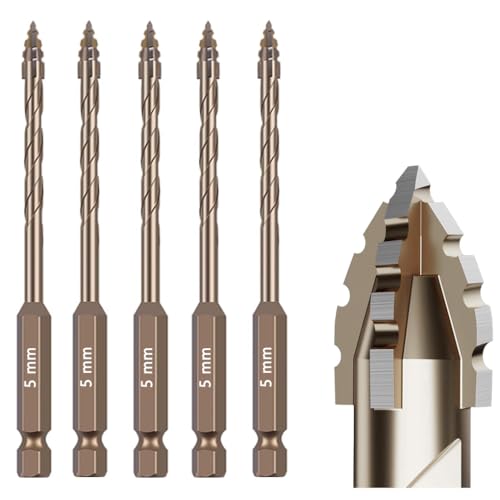 5-teiliges Steinbohrer-Set mit Wellenschliff, 5 mm, titanbeschichteter Hochgeschwindigkeitsstahl, exzentrisches Nut-Design zum Trockenbohren von Beton, Fliesen, Glas, Ziegel und Metall, industrielle 5-teiliges Steinbohrer-Set mit Wellenschliff, 5 mm, titanbeschichteter Hochgeschwindigkeitsstahl, exzentrisches Nut-Design zum Trockenbohren von Beton, Fliesen, Glas, Ziegel und Metall, industrielle von CXML&DASHE