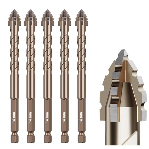 5-teiliges Steinbohrer-Set mit Wellenschliff (9/16-14 mm) – Titanbeschichteter Hochgeschwindigkeitsstahl, exzentrisches Nut-Design zum Trockenbohren von Beton, Fliesen, Glas, Ziegel und Metall von CXML&DASHE