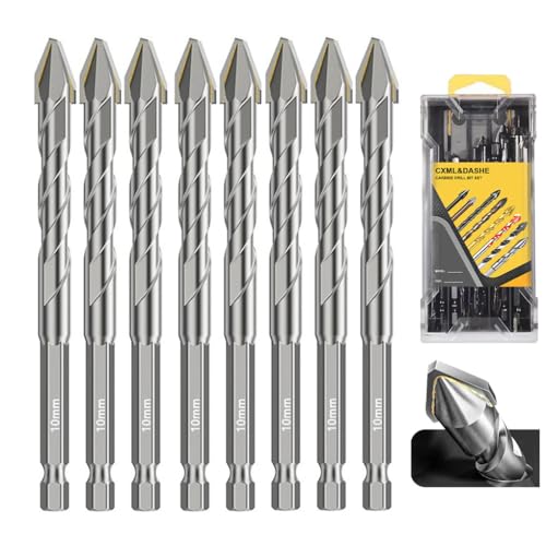 Exzenterbohrer-Set – Hartmetall-Bits für Mauerwerk / Fliesen für Beton / Glas / Granit, schiefes Design (3/8 Zoll - 10 mm x 8 Stück), hohe Härte, schnelles Bohren, 8 Stück von CXML&DASHE