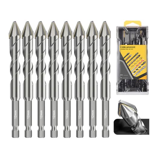 Exzenterbohrer-Set – Hartmetall-Bits für Mauerwerk / Fliesen für Beton / Glas / Granit, schräger Kopf, schiefes Design (1,27 cm - 12 mm x 8 Stück), hohe Härte, schnelles Bohren, 8 Stück von CXML&DASHE