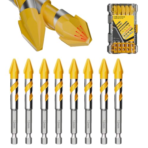 Exzenterbohrer-Set – Hartmetallbestückte Steinbohrer für Beton und Fliesen, hohe Härte, schräger Kopf (1/2 Zoll - 12 mm x 8 Stück), schnelles Bohren, Sechskantschaft-Bits von CXML&DASHE
