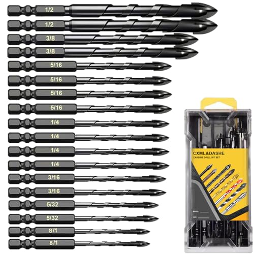 Hartmetall-Steinbohrer – Kreuzspitze – Hartmetall-Beton-Bits für Fliesen, Ziegel, Glas, Keramik/Zement, Sechskantschaft 3–12 mm, Doppelrillen-Design für staubfreies Bohren, 18 Stück Hartmetall-Steinbohrer – Kreuzspitze – Hartmetall-Beton-Bits für Fliesen, Ziegel, Glas, Keramik/Zement, Sechskantschaft 3–12 mm, Doppelrillen-Design für staubfreies Bohren, 18 Stück von CXML&DASHE