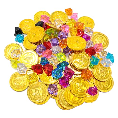 CXNXFD 100 Stück Goldmünzen Piratenschatz Set(50 Goldtaler Kinder und 50 Piraten Edelstein),Piratenschatz für Kinder,Piratenparty Mitgebsel,Schatzsuche Kindergeburtstag von CXNXFD