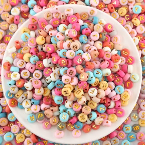 CXNXFD 1000Pcs Buchstabenperlen 4 * 7mm Farbige Perlen mit Goldbeschriftung, Beschriftung Runde Perlen mit Löchern zum Auffädeln - für DIY Halskette Armband Schmuck Basteln von CXNXFD
