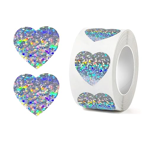 CXNXFD 500 Stück Herz Silber Aufkleber,Heart Sticker für Hochzeiten Scrapbooking Geschenke,Holografische, 2,5 cm, pro Rolle, Silber Glitzer von CXNXFD
