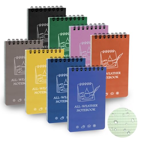 CXRYLZ 8 Stück Mini Wasserdichtes Notizblock, Notizbuch Klein, 12,7x7,6cm Taschen-Notizheft, Pocket Allwetter Notizblöcke mit Top-Spirale Field Notes für Aktivitäten im Freien Militär (Farbig) von CXRYLZ-FUR