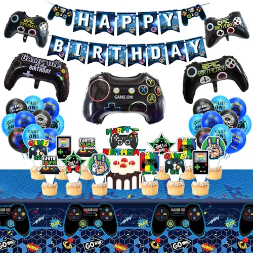 CXRYLZ-FUR Gaming Geburtstagsdeko Jungen, Blau Gamer Geburtstag Party Set, Zocker Happy Birthday Banner Tischdeko Cake Topper Zubehör Gamepad Folie Ballons Und Tischabdeckung für Jungen Mädchen Mann von CXRYLZ-FUR