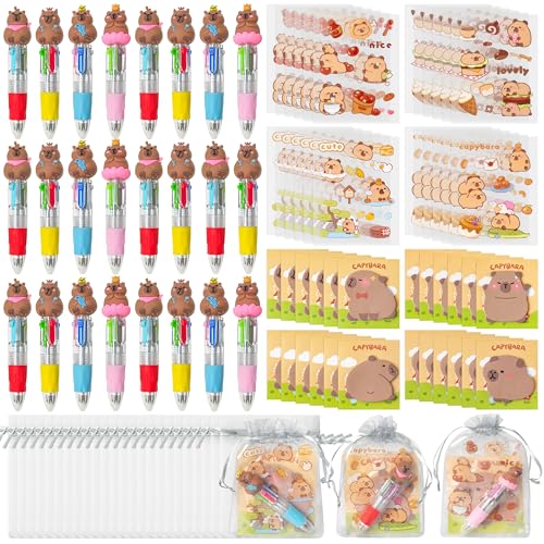 CY2SIDE Capybara Schreibwaren-Partygeschenk – 24 Stück lustige Tier-Schreibwaren-Geschenk-Set enthält 4-in-1-Kugelschreiber, Haftnotiz-Aufkleber und Organza-Capybara-Partygeschenke, von CY2SIDE