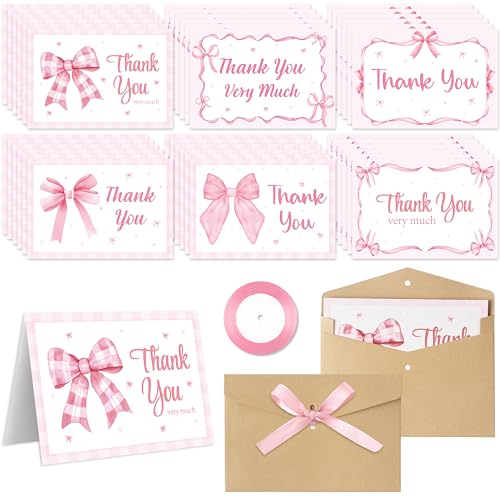 CY2SIDE Grußkarten mit rosa Schleife, 36 Sets, kokette Dankeskarten mit Umschlägen, niedliches Schleifen-Thema, Grußpapier für Mädchen, Wertschätzung, rosa Blanko-Notizen mit Bändern für Hochzeit von CY2SIDE
