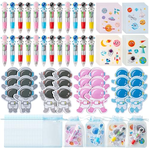 CY2SIDE Space Stationery Partygeschenk – 24 Stück Weltraum-Schreibwaren-Geschenk-Set enthält 4-in-1-Kugelschreiber, Haftnotiz-Aufkleber und Organza-Astronauten, Partygeschenk, Geschenktütenfüller für von CY2SIDE