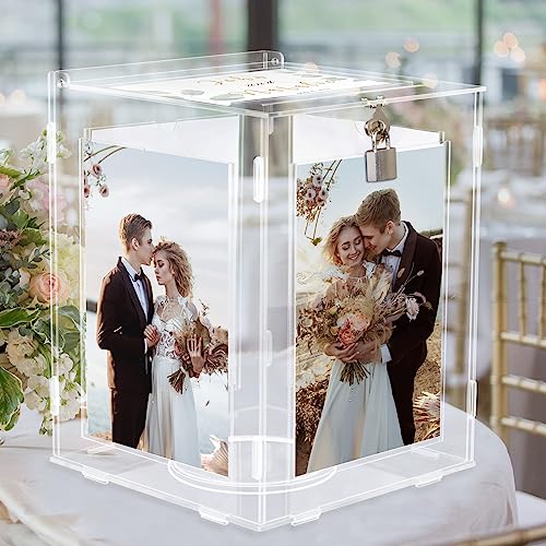 CYAOOI Acryl-Hochzeitskartenbox mit Bilderrahmen, transparente Geschenkkarten-Box für Hochzeitsempfang, groß, drehbar, Geldumschlag, Kartenhalter mit Schloss für Abschlussfeier, Party, Geburtstag, von CYAOOI