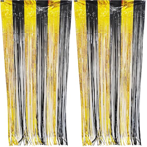 CYBERNOVA 2 Pack Fransen Vorhang Hintergrund, 1Mx2M Metallic Tinsel Folie Fransen Luftschlangen Vorhänge Hintergrund für Hochzeit Geburtstag Jahrestag Graduierung Party Dekoration (Gold-schwarz) von CYBERNOVA