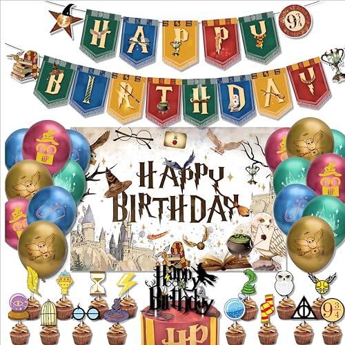 Harry Geburtstag Party Dekorationen, Wizard Party Deco Set mit Großer Hintergrund-Stoff Potter Ballons Geburtstag Banner Kuchen Deko, Magische Zauberer Geburtstagsdeko von CYCLYTE