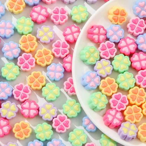CYEENUT 150 Stück Acryl-Kleeperlen, bunte Blumenperlen, Regenbogen-Kleeperlen für Schmuckherstellung, handgefertigtes Armband, Charms, Schlüsselanhänger, Bastelbedarf (Regenbogenklee) von CYEENUT