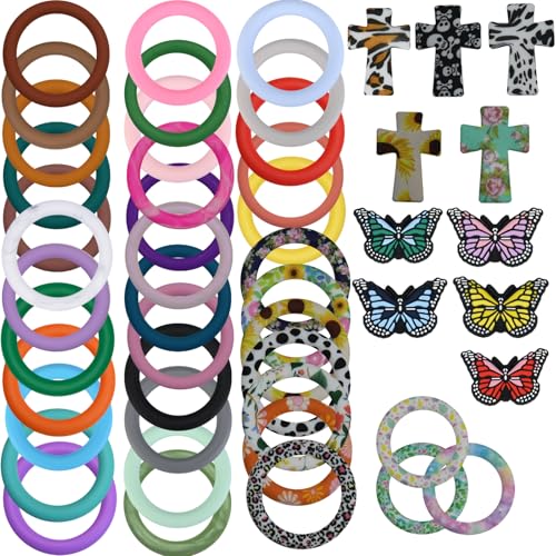 CYEENUT 50 x O-Ringe aus Silikon, 65 mm, Schmetterlings- und Kreuzperlen zur Herstellung von Schlüsselanhängern für Armbänder, Halsketten, Verbindungsring-Zubehör (Rosa, Rot und Blau) von CYEENUT