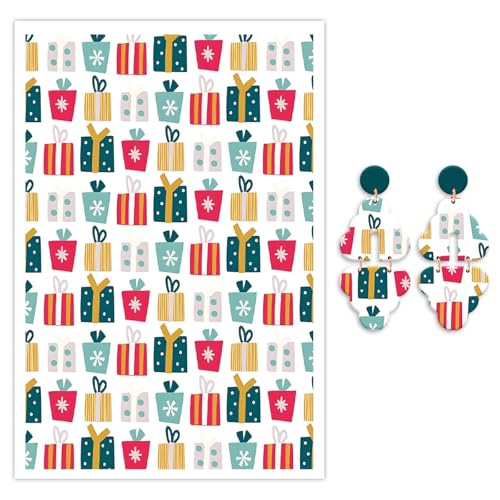 10 Blatt Weihnachts-Transferpapier für Ohrringe und Polymerton, Weihnachts-Geschenk-Box, wasserlösliches Transferblatt für Polymerton, DIY, Kunst, Handwerk, Schmuck, Ohrringe, 14 x 8 cm von CYFUN DESIGN