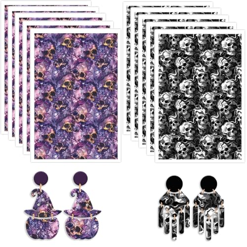 10 Stück Halloween Polymer Clay Transferpapier, 2 Designs, Halloween, lila und schwarz, Totenkopf-Muster, wasserlösliche Transferfolie für Polymer-Ton, Ohrringe, Schmuckherstellung, DIY-Projekte, 14 x 10 Stück Halloween Polymer Clay Transferpapier, 2 Designs, Halloween, lila und schwarz, Totenkopf-Muster, wasserlösliche Transferfolie für Polymer-Ton, Ohrringe, Schmuckherstellung, DIY-Projekte, 14 x von CYFUN DESIGN