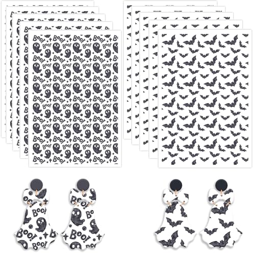10 Stück Halloween Polymer Clay Transferpapier, Halloween Black Ghost Boo! Spinnen 2 Typen wasserlösliche Transferfolie für Polymer-Ton, Ohrringe, Schmuckherstellung, DIY-Projekte, 14 x 8 cm 10 Stück Halloween Polymer Clay Transferpapier, Halloween Black Ghost Boo! Spinnen 2 Typen wasserlösliche Transferfolie für Polymer-Ton, Ohrringe, Schmuckherstellung, DIY-Projekte, 14 x 8 cm von CYFUN DESIGN