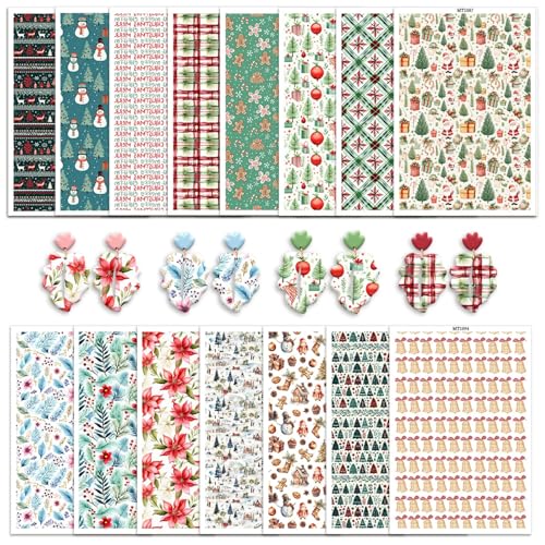 15 Stück Weihnachts-Transferpapier für Polymerton, Weihnachtsbäume, Schneemann, Weihnachtsstern, Glöckchen, Lebkuchen, wasserlösliche Transferblätter für Polymerton, DIY, Kunst, Schmuck, Ohrringe, 15 von CYFUN DESIGN