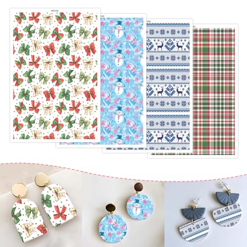 20 Stück Weihnachts-Ton-Transferpapier, Schleifen, Schneemann, Hirsch, Gitter, 4 Muster, sortiertes Design, Wasser-Polymer-Ton, Transferpapier für Polymer-Ton, Ohrringe, Schmuckherstellung 20 Stück Weihnachts-Ton-Transferpapier, Schleifen, Schneemann, Hirsch, Gitter, 4 Muster, sortiertes Design, Wasser-Polymer-Ton, Transferpapier für Polymer-Ton, Ohrringe, Schmuckherstellung von CYFUN DESIGN