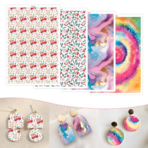 20 Stück Weihnachtston-Transferpapier für Ohrringe, 4 Designs (Holly, Geschenkautos, Vortex, flüssiges Marmormuster), doppelseitige Wasser-Ton-Aufkleber, Einweg-Ton-Transferbogen für von CYFUN DESIGN