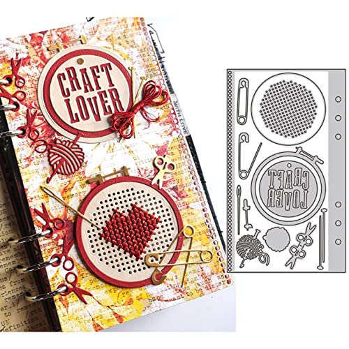 Ein Planer Seite Stanzformen für Kartenherstellung Stickrahmen Kreuzstich Stoff Sicherheitsnadeln Nadeln Garn Scheren Stricknadeln Metall Stanzformen für DIY Scrapbooking Papier Basteln Handarbeit von CYFUN DESIGN