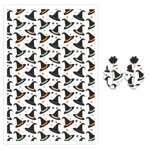 Halloween-Ton-Transferpapier für Polymerton, Zauberer-Hüte, wasserlösliches Transferpapier, Polymer-Ton-Aufkleber für Bastelarbeiten, Polymerton, Schmuck, Ohrringe, 14,8 x 10 cm, 10 Stück von CYFUN DESIGN