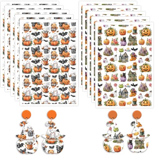 Halloween-Transferpapier aus Polymerton, Halloween-Kürbisspinnen, Süßigkeiten, Zuhause, 2 Design-Muster, wasserlösliche Transferfolie für Polymer-Ton, Ohrringe, Schmuckherstellung, DIY-Projekte, 14 x von CYFUN DESIGN