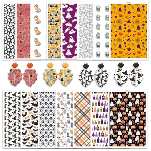 Halloween-Transferpapier für Polymerton, Kürbis, Geist, Spinnen, Netze, Totenköpfe, Katzen, Gitter, Flaschen, wasserlösliche Transferblätter für Polymerton, DIY, Kunst, Schmuck, Ohrringe, 15 Stück von CYFUN DESIGN