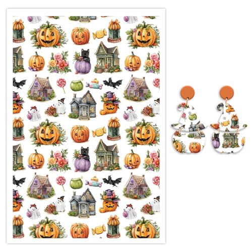 Halloween-Transferpapier für Polymerton, Kürbis und Haus, Wassertransferfolie für Polymerton, wasserlösliche Ton-Aufkleber für weiche Keramik-Ohrringe, Schmuckherstellung, DIY-Projekte, 14 x 8 cm, 10 Halloween-Transferpapier für Polymerton, Kürbis und Haus, Wassertransferfolie für Polymerton, wasserlösliche Ton-Aufkleber für weiche Keramik-Ohrringe, Schmuckherstellung, DIY-Projekte, 14 x 8 cm, 10 von CYFUN DESIGN