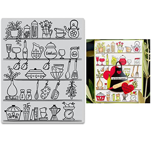 Küchenregal Hintergrundstempel für Kartenherstellung DIY Scrapbooking Küchengeräte Pflanzen Kochbücher Utensilien transparente Silikondichtung Stempelstempel für Papierhandwerk handgefertigte Handwerk von CYFUN DESIGN