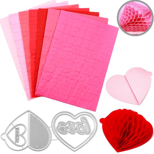 Metall-Stanzformen in Herzform mit 7 Wabenpapier-Pads für DIY-3D-Bastelarbeiten und Pop-Up-Karten, Prägeschablone für Kartenherstellung, Wabenpapier-Pad, (14,7 x 21,1 cm) von CYFUN DESIGN