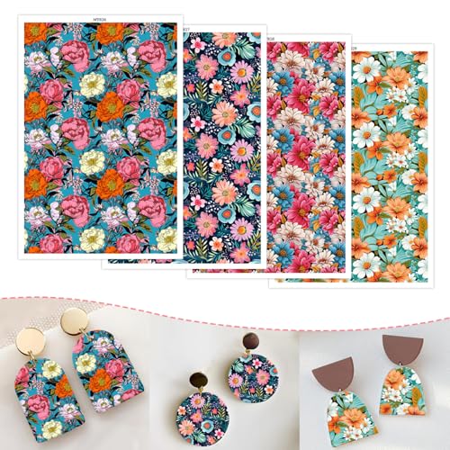 Polymer-Ton-Transferpapier, 4 Designs, Blumenmuster, wasserlöslich, Transferfolie für Polymer-Ton, Ohrringe, Schmuckherstellung, Einweg-Aufkleber, DIY, Basteln, 14 x 8 cm, 20 Stück von CYFUN DESIGN