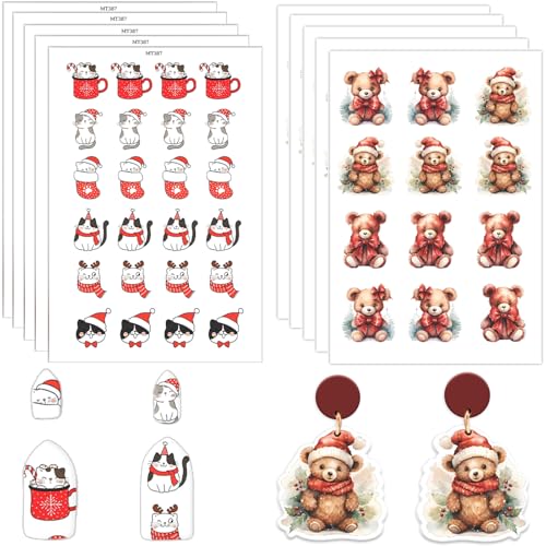 Polymer-Ton-Transferpapier, Weihnachts-Katzen- und Bären-Muster, 2 wasserlösliche Transferblätter für Polymer-Ton, Ohrringe, Schmuckherstellung, DIY-Projekte, 14 x 8 cm, 10 Stück von CYFUN DESIGN