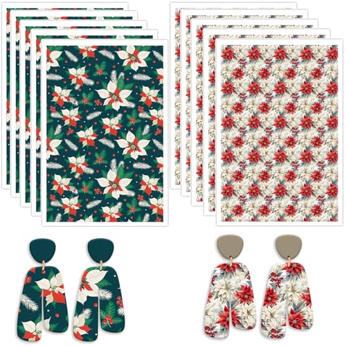 Polymer-Ton-Transferpapier, Weihnachtsblumen, Blatt und Weihnachtsstern, 2 Designs, wasserlösliche Transferblätter für Polymer-Ton, Ohrringe, Schmuckherstellung, DIY-Projekte, 14 x 8 cm, 10 Stück von CYFUN DESIGN